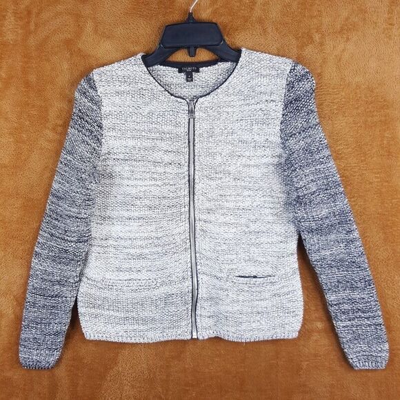TALBOTS Womens Jacket Petite P Gray Marled Sweater Knit Zip Up Front Pockets - Picture 1 of 8
